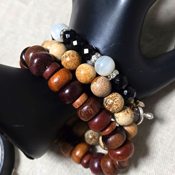 QVC Tiffany Ray Natural Gemstone Onyx Picture Jasper Bracelet Set - Picture 1 of 9
